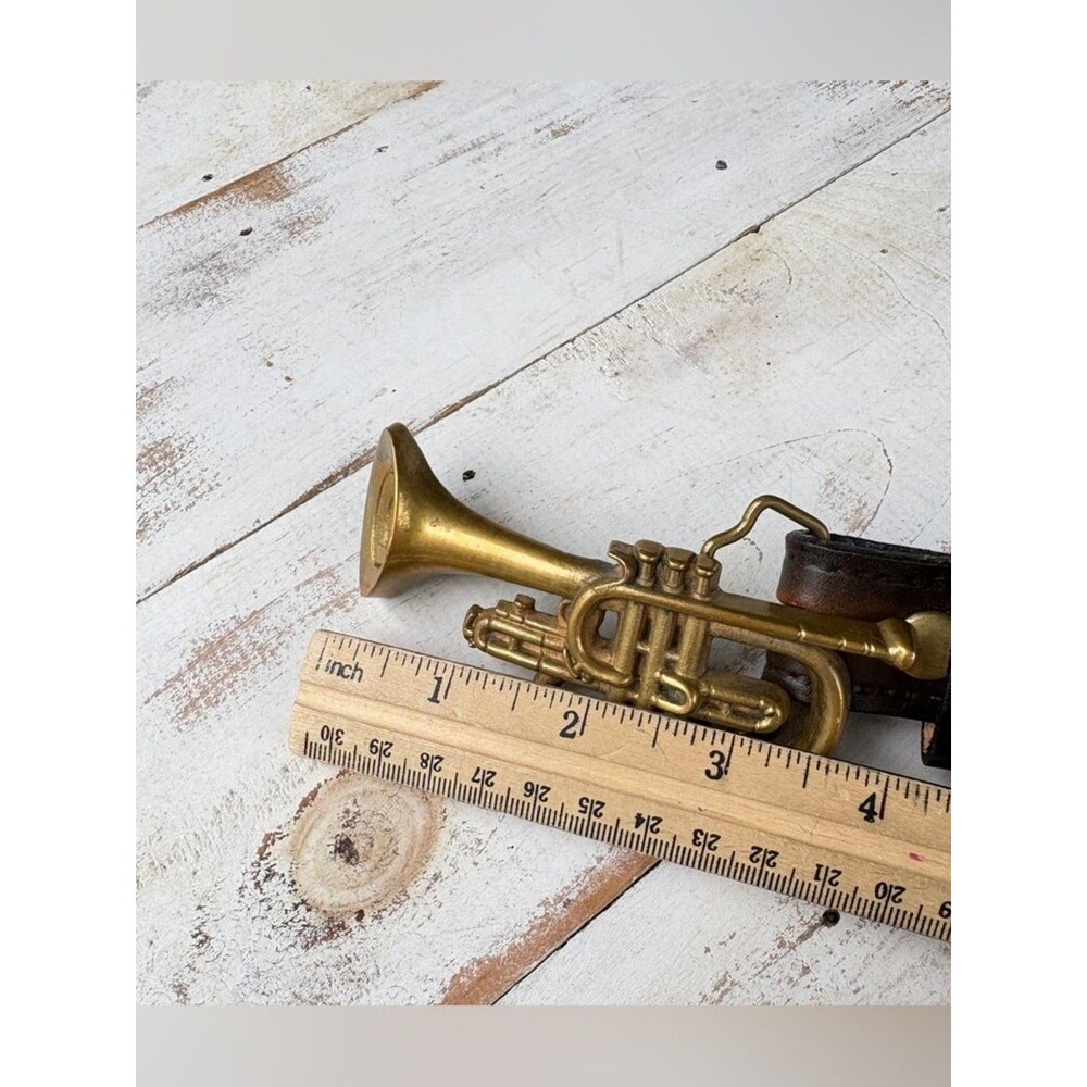 Vintage 70s leather belt Baron solid Brass Buckle cornet trumpet music band 34 - Picture 13 of 16